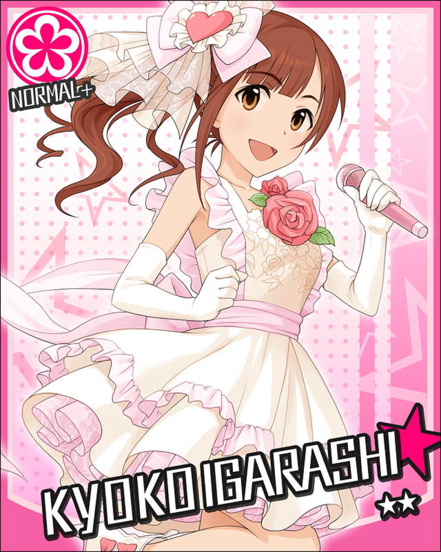 bow, brown_eyes, brown_hair, character_name, dress, elbow_glove, elbow_gloves, flower, gloves, idolmaster, idolmaster_cinderella_girls, igarashi_kyoko, igarashi_kyouko, long_hair, microphone, official_art, open_mouth, side_ponytail, skirt, skit, star, wedding_dress
