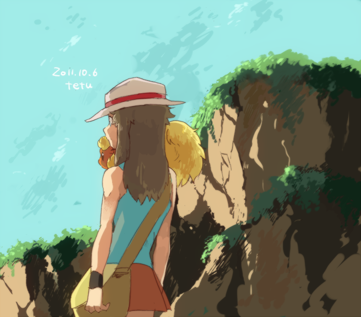 1girl, bad_id, bag, blue_(pokemon), brown_hair, flareon, hat, messenger_bag