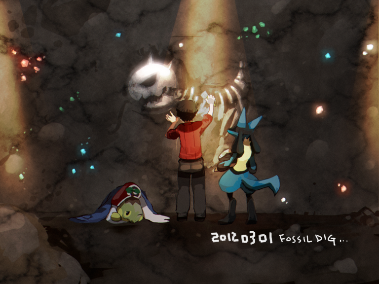 1boy, bad_id, black_hair, cave, headwear_removed, kouki_(pokemon), lucario, pokemon