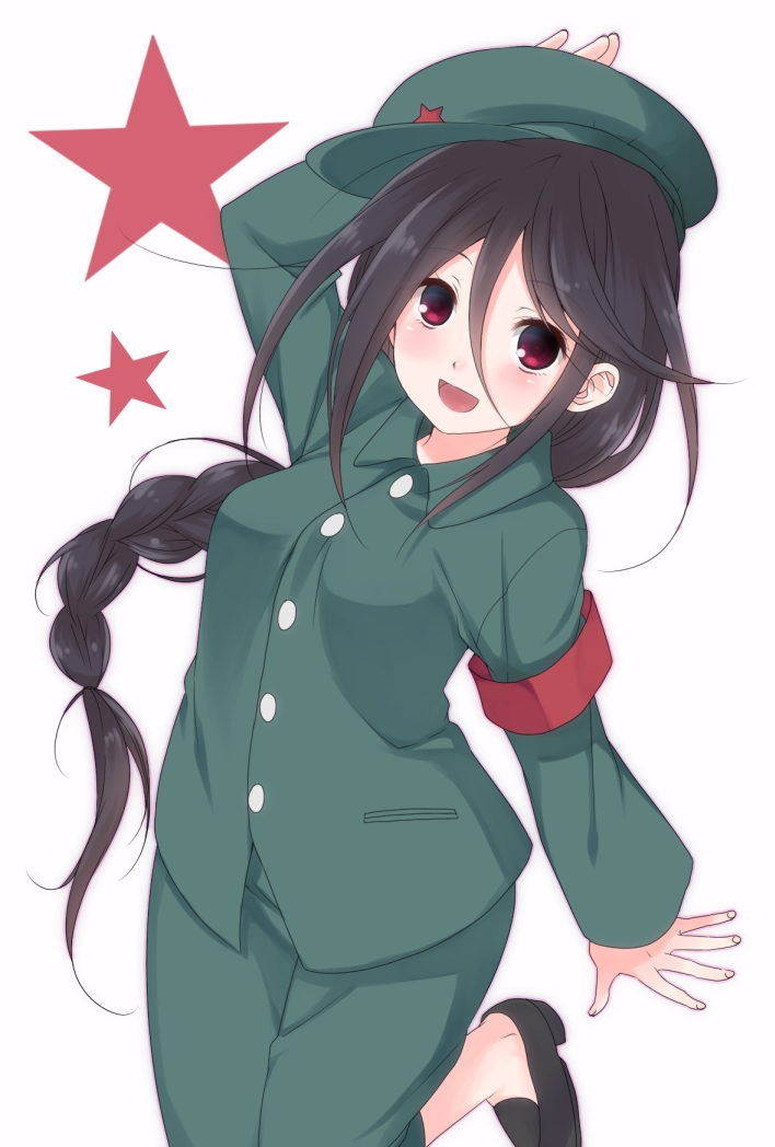 :d, alternate_costume, alternate_hairstyle, armband, bangs, black_hair, braid, chinese_clothes, ekra, komori_kiri, long_hair, mao_cap, mao_jacket, open_mouth, red_eyes, sayonara_zetsubou_sensei, smile, solo, star, very_long_hair
