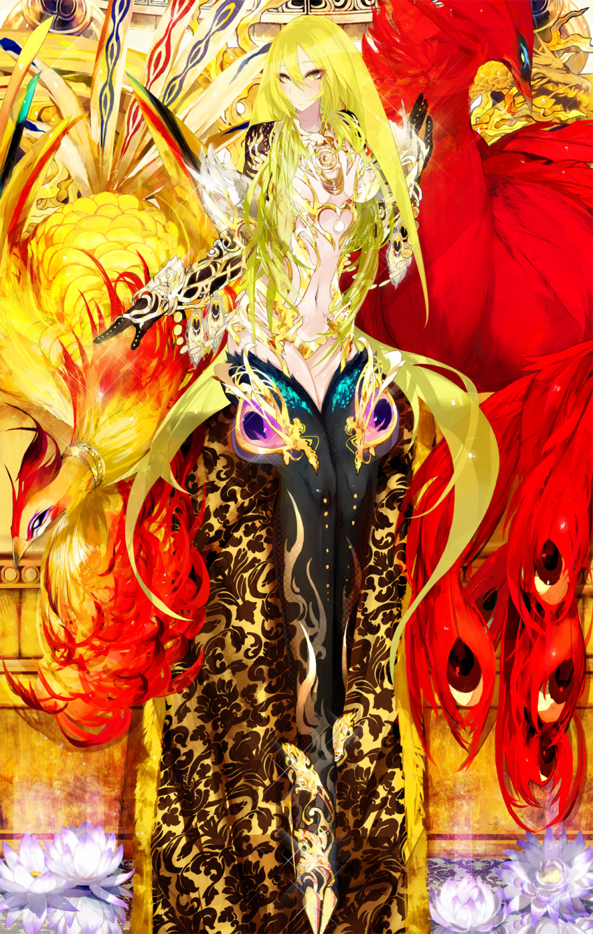 1girl, blonde_hair, breasts, brws, flower, gloves, highres, long_hair, lotus, original, peacock, phoenix, sitting, thigh-highs, thighhighs, yellow_eyes