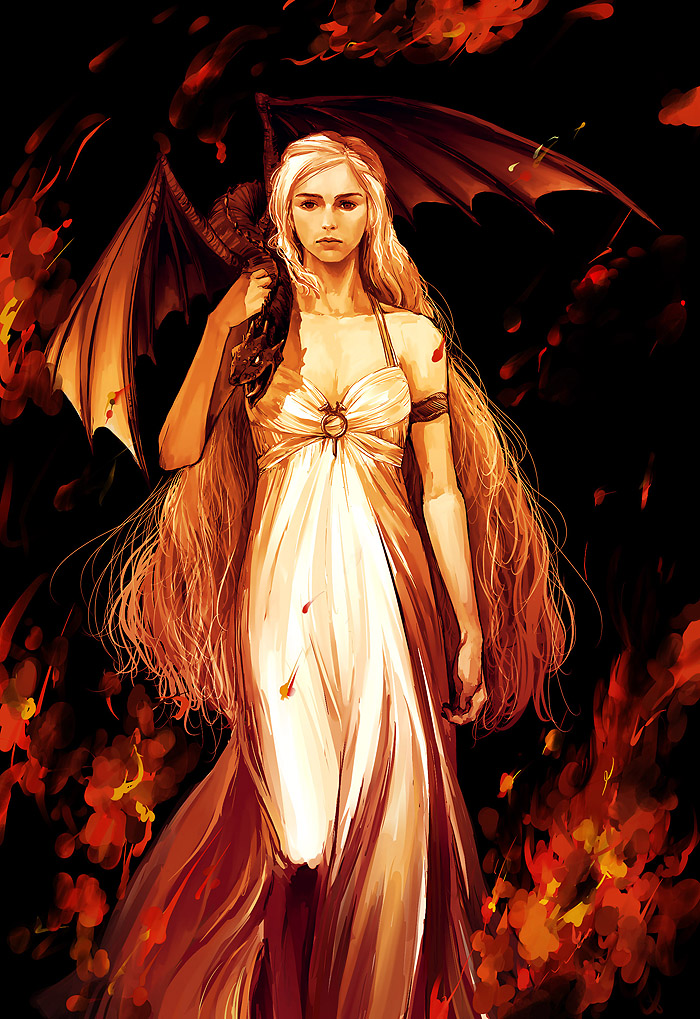 a_song_of_ice_and_fire, breasts, cleavage, daenerys_targaryen, dragon, dress, fire, long_hair