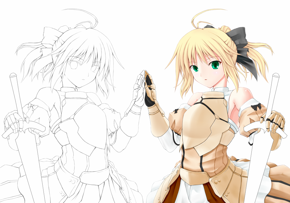 ahoge, armor, armored_dress, bad_id, bare_shoulders, blonde_hair, bow, fate/stay_night, fate/unlimited_codes, fate_(series), gauntlets, green_eyes, hair_bow, lineart, long_hair, ponytail, reflectional_symmetry, saber, saber_lily, shouyan, solo, sword, symmetry, weapon