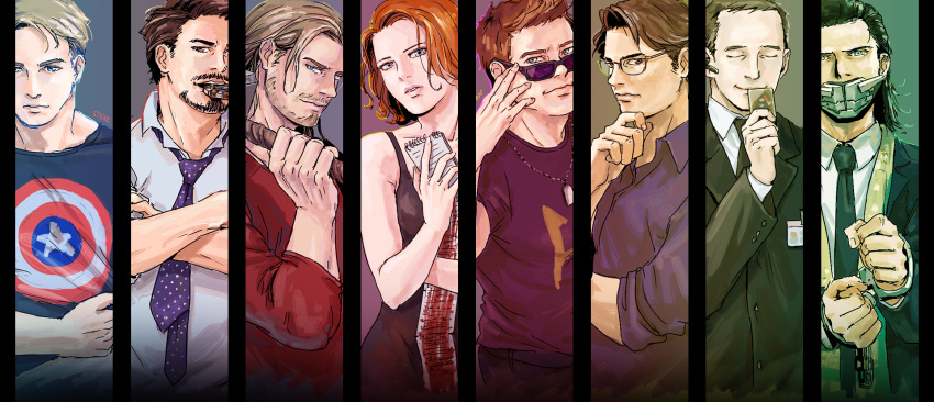 6+boys, alternate_costume, avengers, black_hair, black_widow, black_widow_(marvel), blonde_hair, blue_eyes