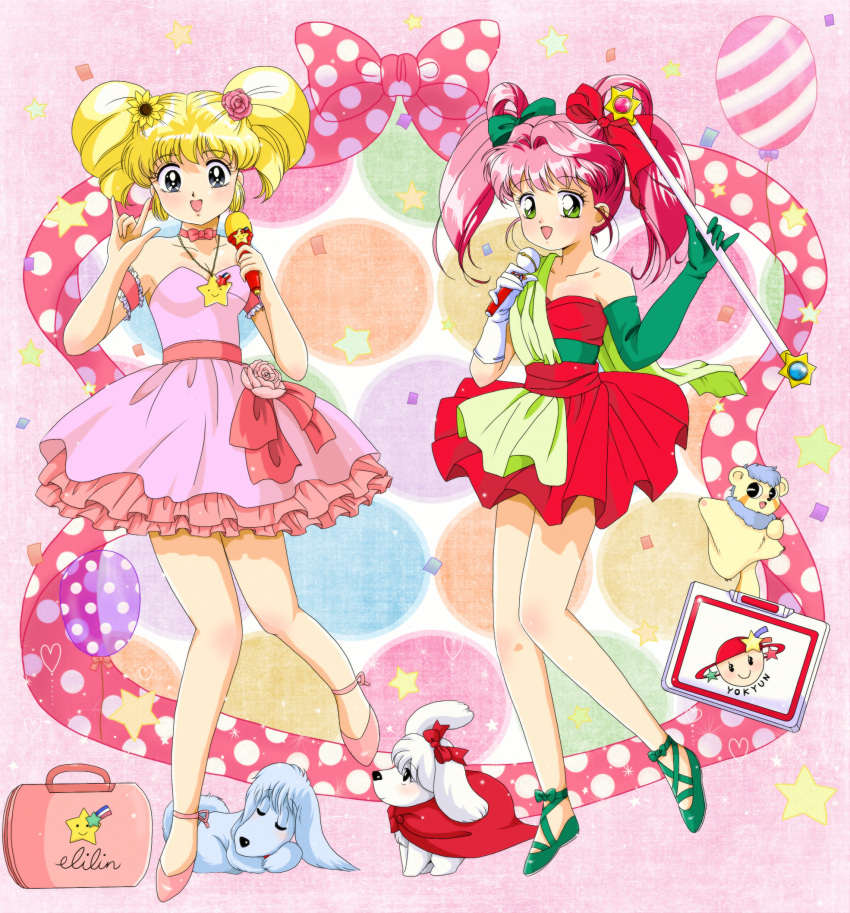 \m/, balloon, blonde_hair, bow, crossover, dog, dress, flower