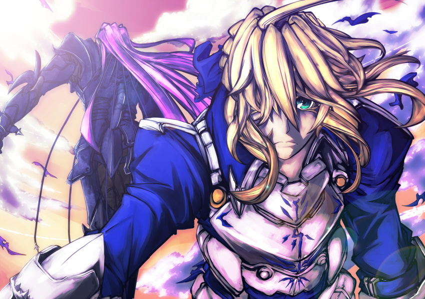 1girl, adapted_costume, ahoge, armor, armored_dress, berserker_(fate/zero), blonde_hair, dress