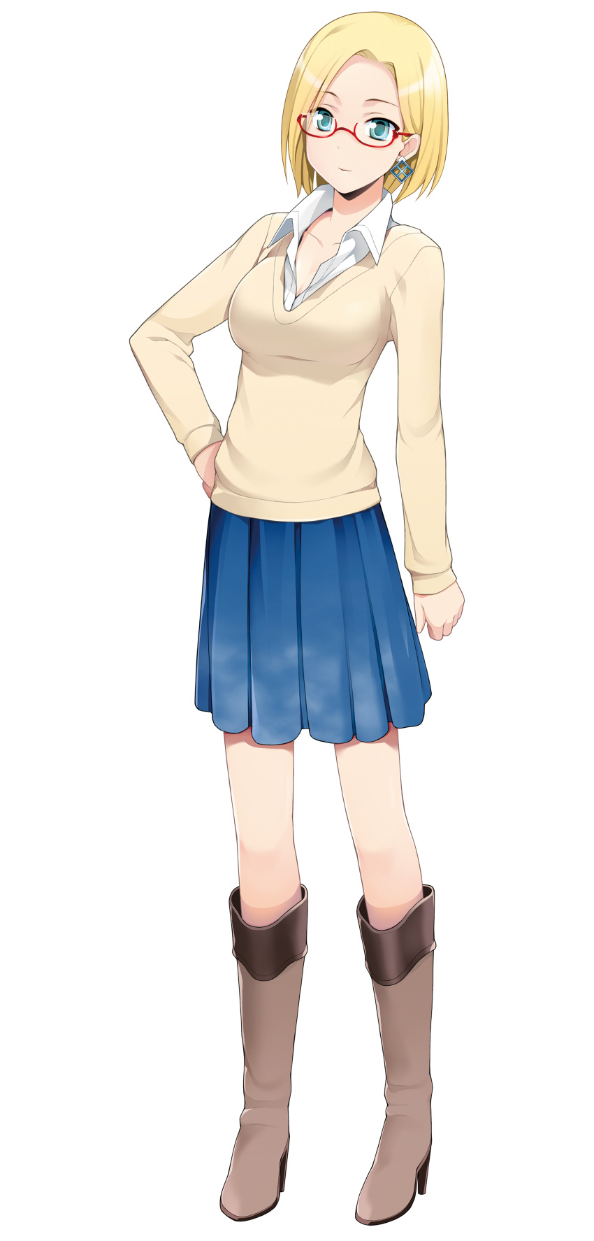 blonde_hair, claudia_madobe, earrings, glasses, highres, jewelry, red-framed_glasses, semi-rimless_glasses