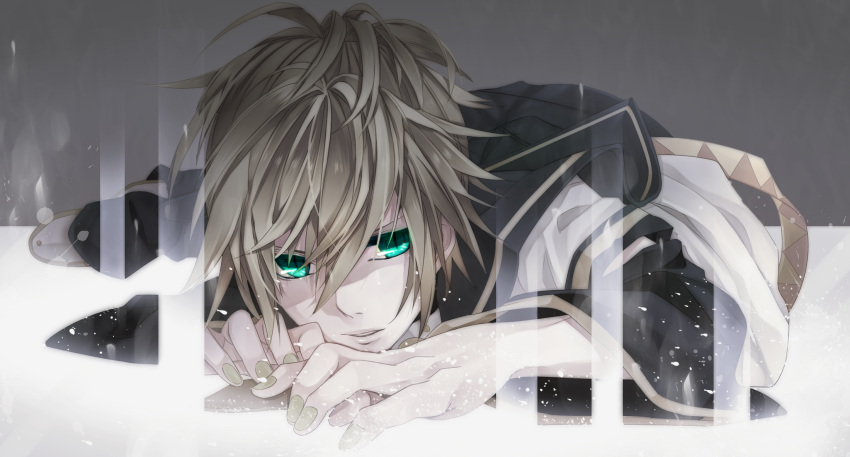 blonde_hair, fingernails, green_eyes, highres, kagamine_len, looking_at_viewer, lying, male
