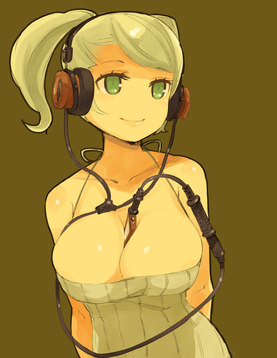 arms_behind_back, bare_shoulders, between_breasts, breasts, bursting_breasts, digital_media_player, dress, grado_labs, green_eyes, green_hair, headphones, huge_breasts, mota, original, ponytail, revision, short_hair, simple_background, smile, solo