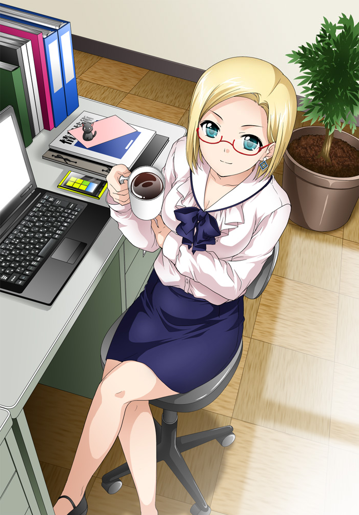 aqua_eyes, binder, blonde_hair, blue_eyes, book, breasts, cat, cellphone