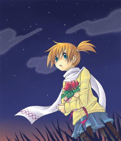 aqua_eyes, cardigan, cloud, clouds, eizyu_tokiwa, flower, from_below, gym_leader, kasumi_(pokemon), long_sleeves, looking_up, lowres, orange_hair, pantyhose, pokemon, pokemon_(anime), ponytail, scarf, school_uniform, side_ponytail, skirt, sky, solo, star_(sky), starry_sky