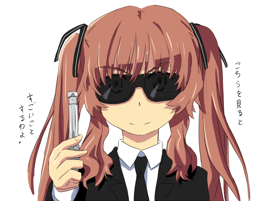 1girl, brown_eyes, brown_hair, female, formal, long_hair, men_in_black, necktie, nguyen_van-hai, parody, simple_background, smile, solo, suit, sunglasses, text, translated, translation_request, twintails, white_background, yamano_remon