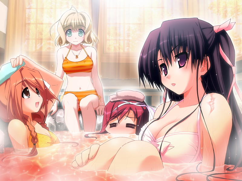=_=, ahoge, aisaka_shinorin, akata_itsuki, amaizumi_uni, bath, bikini, braid, breasts, cleavage, feet_in_water, game_cg, gengetsu_no_pandora, huge_ahoge, long_hair, mole, multiple_girls, nakayoshi_chihoko, navel, necklace, onikiri_mahime, onsen, orange_hair, scar, short_hair, soaking_feet, steam, submerged, swimsuit, tankini, towel, towel_on_head, water