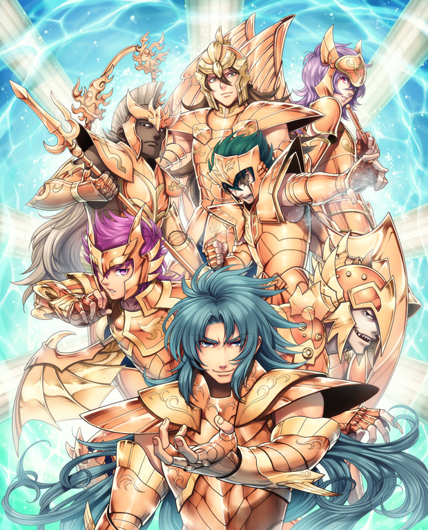 7boys, armor, blue_hair, chrysaor_krishna, dark_skinned_male, enmto, full_armor, gemini_kanon, green_hair, helmet, hippocampus_baian, kraken_isaac, long_hair, looking_at_viewer, lyumnades_ca&ccedil;a, mohawk, multiple_boys, pink_hair, posing, purple_hair, saint_seiya, scylla_io, sea_dragon_kanon, sea_horse_baian, siren_sorrento, trident, white_hair, wings