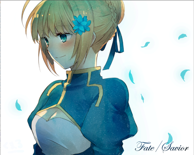 bad_id, blonde_hair, breasts, cleavage, dress, fate_(series), flower, green_eyes
