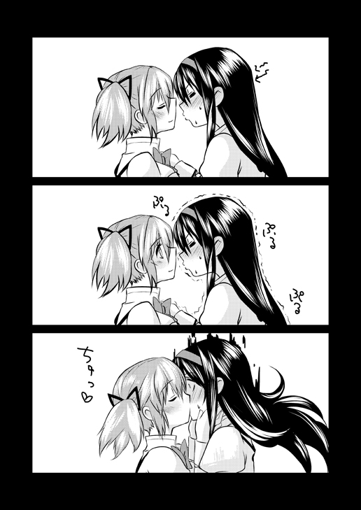 akemi_homura, blush, bow, comic, hair_ribbon, hairband, holding_head, kaname_madoka