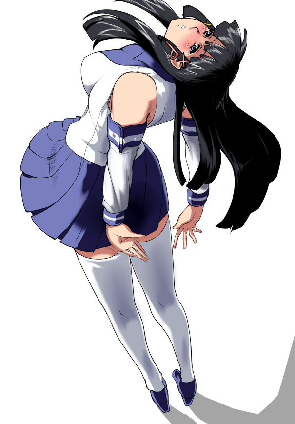 1girl, black_hair, blue_eyes, detached_sleeves, long_hair, os, saru_ass, school_uniform