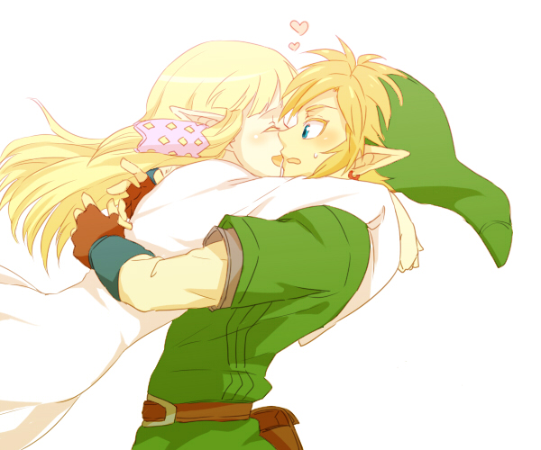 1boy, 1girl, belt, blonde_hair, blue_eyes, blush, closed_eyes, couple, earrings, glomp, gloves, hat, heart, hetero, hug, jewelry, link, nintendo, open_mouth, pointy_ears, princess_zelda, saiba_(henrietta), skyward_sword, smile, straight, the_legend_of_zelda, white_background