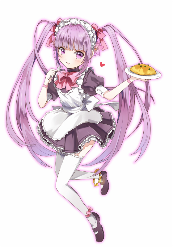 bow, food, heart, kitsuta, long_hair, maid, maid_headdress, purple_hair, sophie_(tales_of_graces), tales_of_(series), tales_of_graces, thigh-highs, thighhighs, twintails