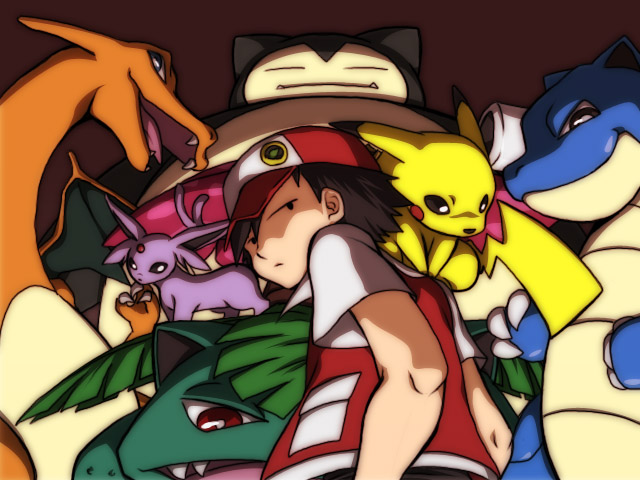 1boy, baseball_cap, black_hair, blastoise, charizard, espeon, hat, nagi_(exsit00), pikachu, pokemon, pokemon_(creature), pokemon_(game), pokemon_gsc, red_(pokemon), red_(pokemon)_(classic), serious, snorlax, venusaur