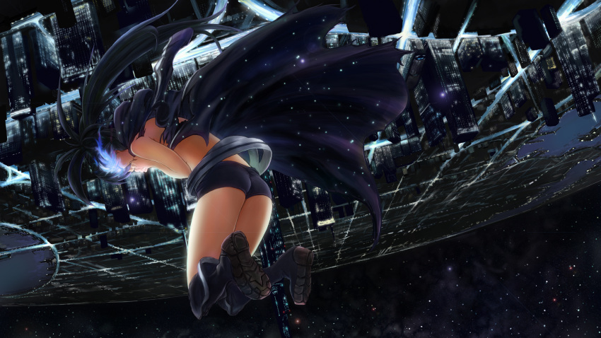 ass, belt, black_hair, black_rock_shooter, black_rock_shooter_(character), boots, cityscape, closed_eyes