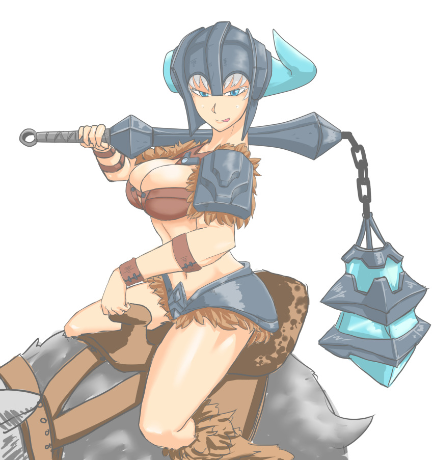 1girl, blue_eyes, breasts, bristle, cleavage, helmet, highres, horn