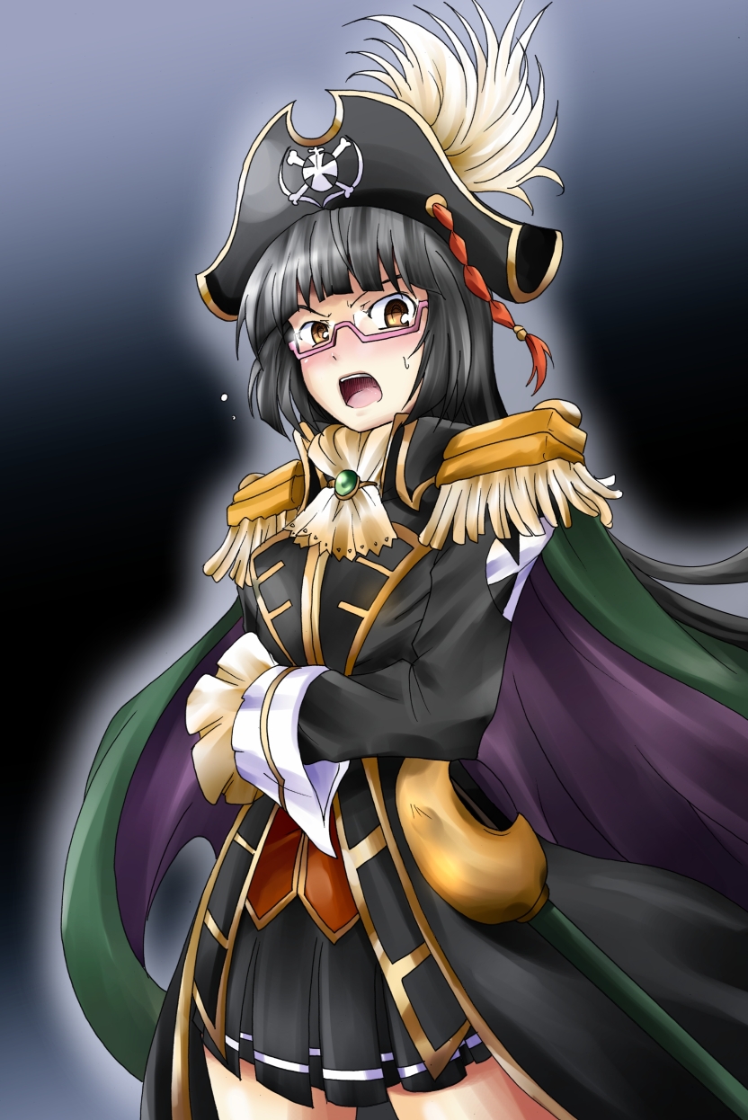 black_hair, blush, brown_eyes, cape, chiaki_kurihara, cravat, epaulettes, glasses
