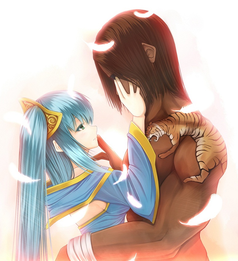 1girl, blue_hair, brown_hair, couple, feathers, league_of_legends, lee_sin, long_hair