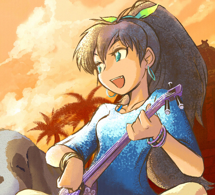 :d, aqua_eyes, black_hair, bracelet, dog, earrings, fang, ganaha_hibiki