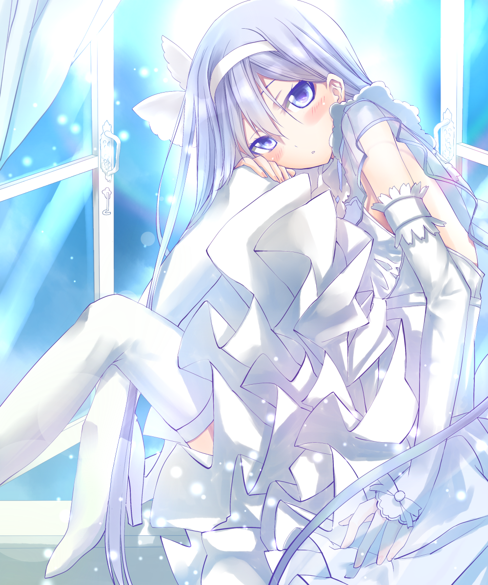 elbow_gloves, gloves, harlem_heart, highres, kyougoku_touya, long_hair, silver_hair, solo, thigh-highs, thighhighs