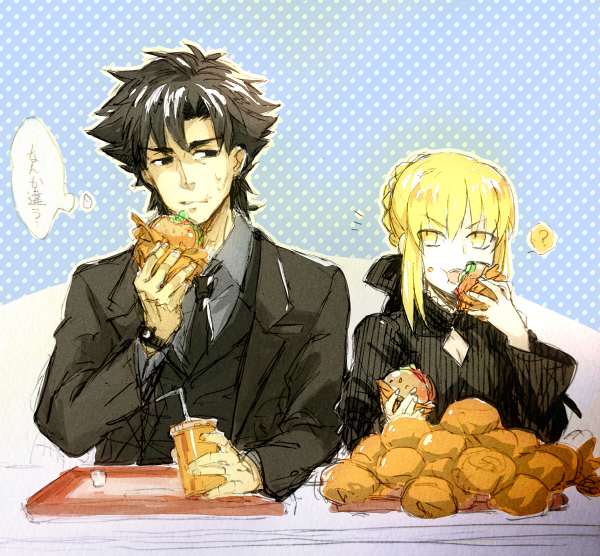 1girl, black_eyes, black_hair, blonde_hair, dress, emiya_kiritsugu, fate/stay_night, fate/zero