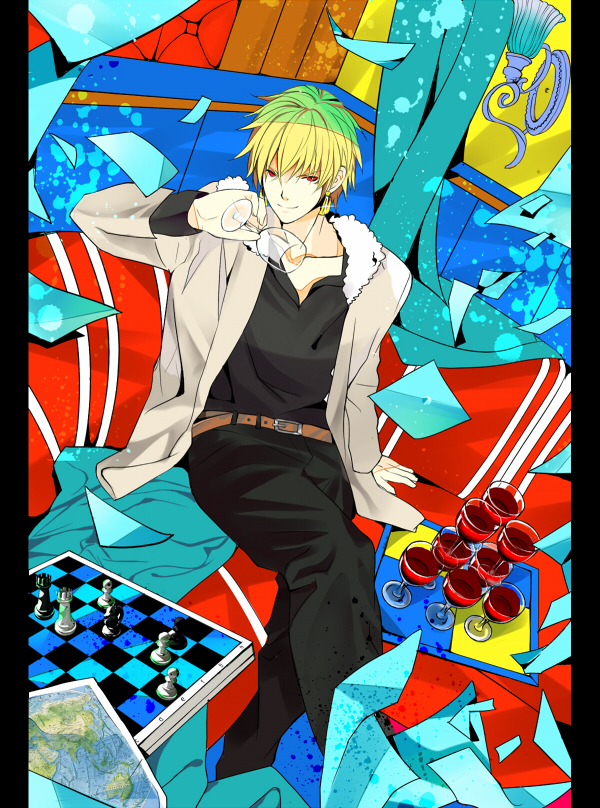 blonde_hair, casual, chessboard, cup, earrings, fate/zero, fate_(series), fur_trim