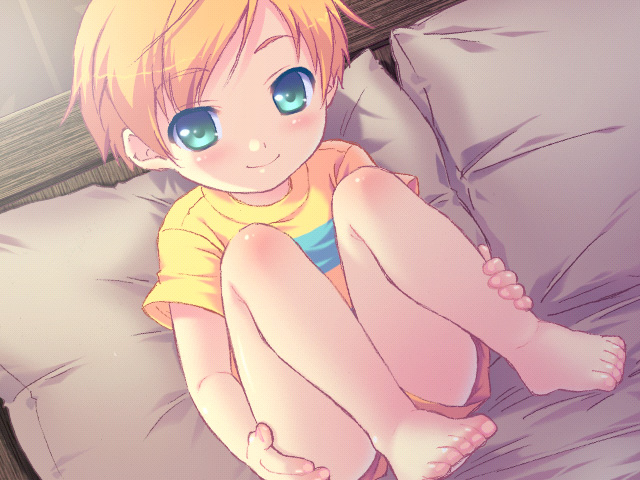 child, claus, face, feet, green_eyes, mother_(game), mother_3, orange_hair, senntakuya, shirt, smile, striped, striped_shirt
