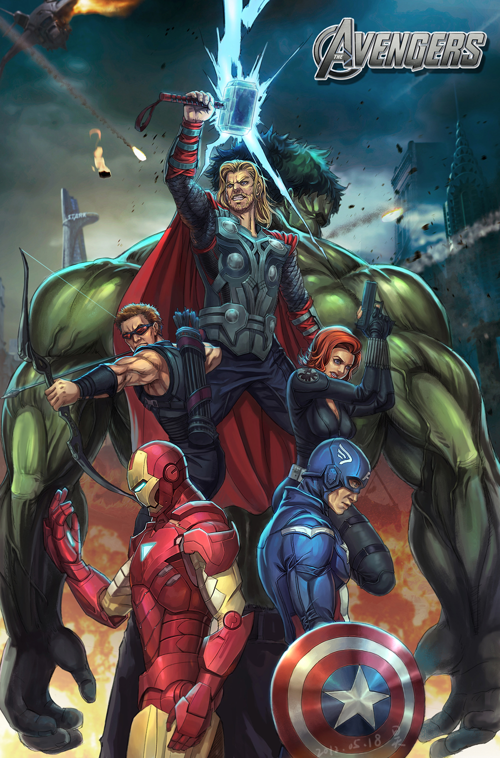 1girl, 5boys, airplane, armor, arrow, avengers, beard, black_widow