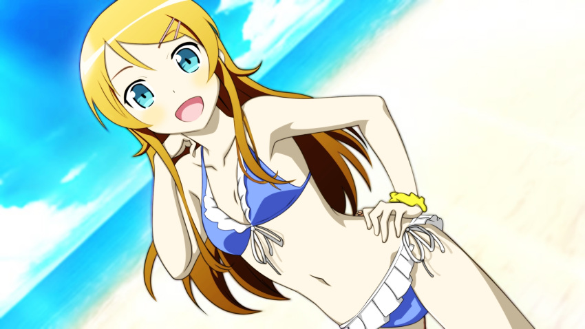 :d, beach, beack, bikini, blue_eyes, bracelet, cloud, frilled_bikini, frills, front-tie_top, hair_ornament, hairclip, highres, horizon, jewelry, kousaka_kirino, long_hair, navel, open_mouth, orange_hair, ore_no_imouto_ga_konna_ni_kawaii_wake_ga_nai, side-tie_bikini, sky, smile, solo, swimsuit, zerox8