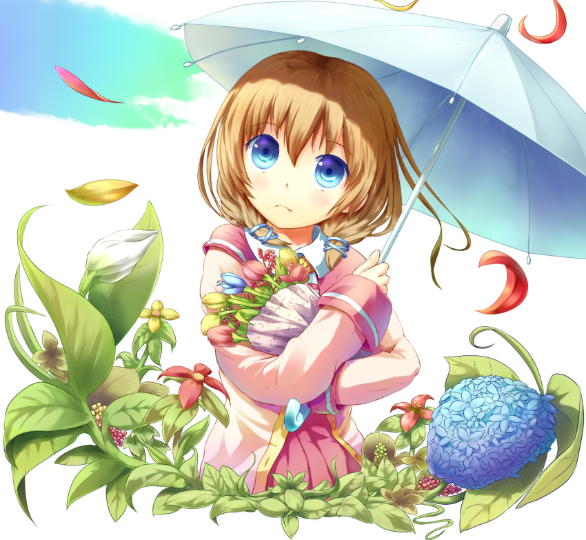 blonde_hair, blue_eyes, bouquet, flower, highres, holding, hydrangea, leaf