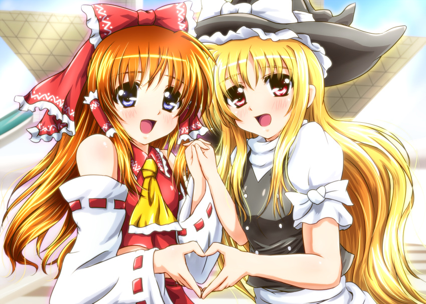 :d, ascot, blonde_hair, blush, bow, brown_hair, cosplay, detached_sleeves, diesel-turbo, fate_testarossa, female, hair_bow, hair_tubes, hakurei_reimu, hakurei_reimu_(cosplay), hand_holding, hat, heart, heart_hands, heart_hands_duo, holding_hands, japanese_clothes, kirisame_marisa, kirisame_marisa_(cosplay), long_hair, lyrical_nanoha, mahou_shoujo_lyrical_nanoha, miko, multiple_girls, open_mouth, purple_eyes, red_eyes, smile, takamachi_nanoha, tokyo_big_sight, touhou, violet_eyes, witch, witch_hat, yuri