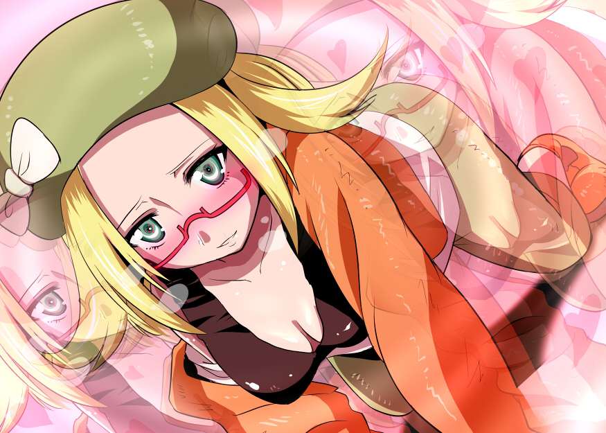 all_fours, bel_(pokemon), blonde_hair, blue_eyes, blush, breasts, cap, cleavage