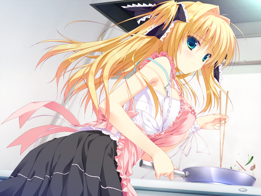 apron, asaba_yuu, blonde_hair, blush, game_cg, green_eyes, hoshizora_e_kakaru_hashi, hoshizora_e_kakaru_hashi_aa