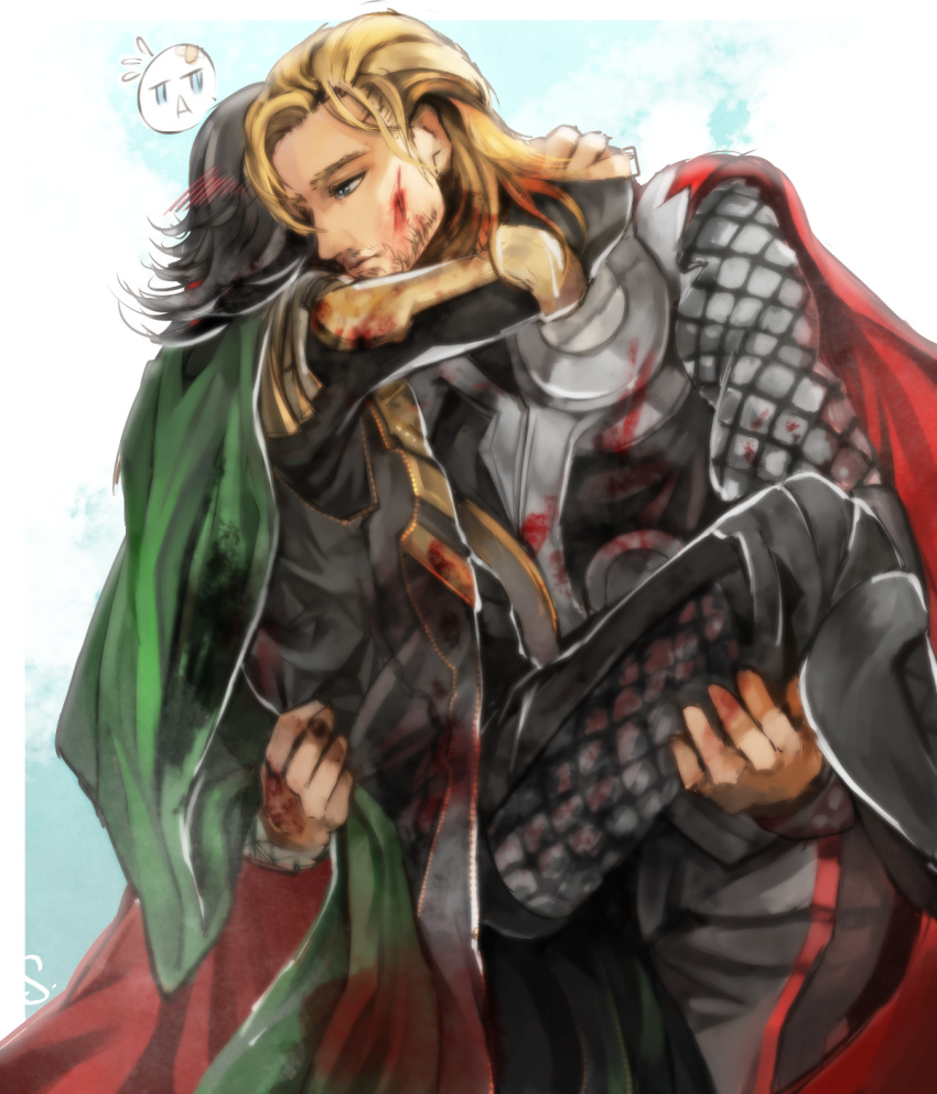 armor, black_hair, blonde_hair, blood, blue_eyes, cape, crying, facial_hair