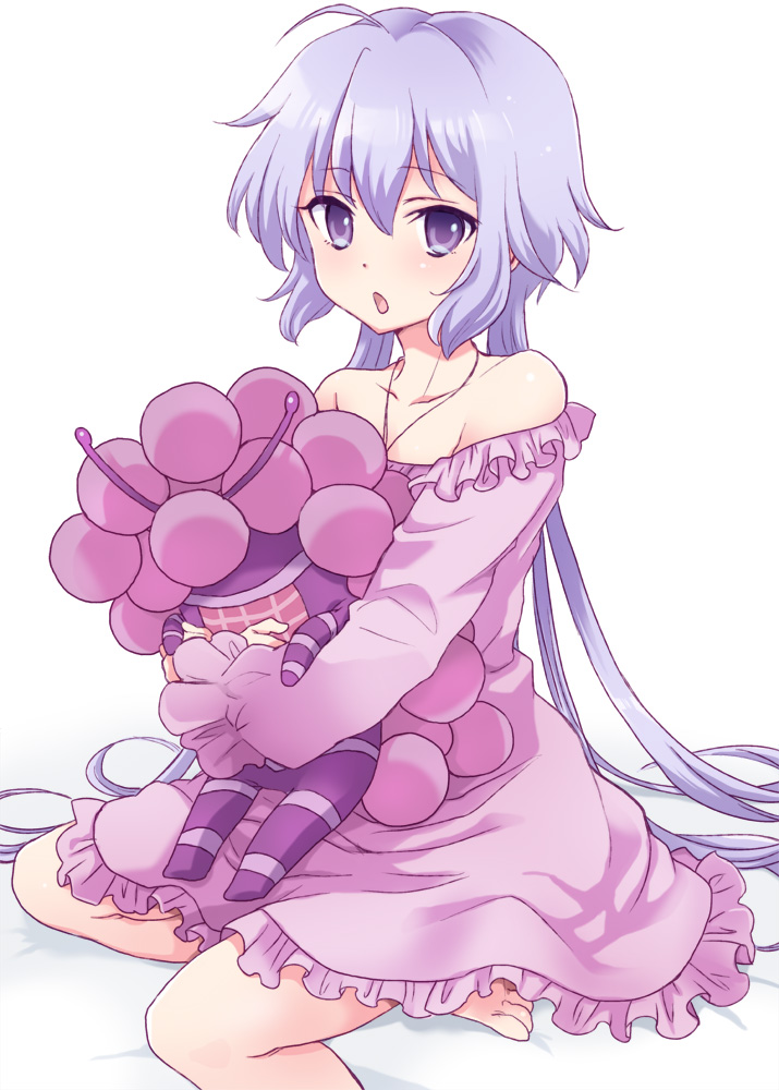 bare_shoulders, barefoot, dress, plum_(arch), purple_eyes, purple_hair, senki_zesshou_symphogear, solo, violet_eyes, yukine_chris