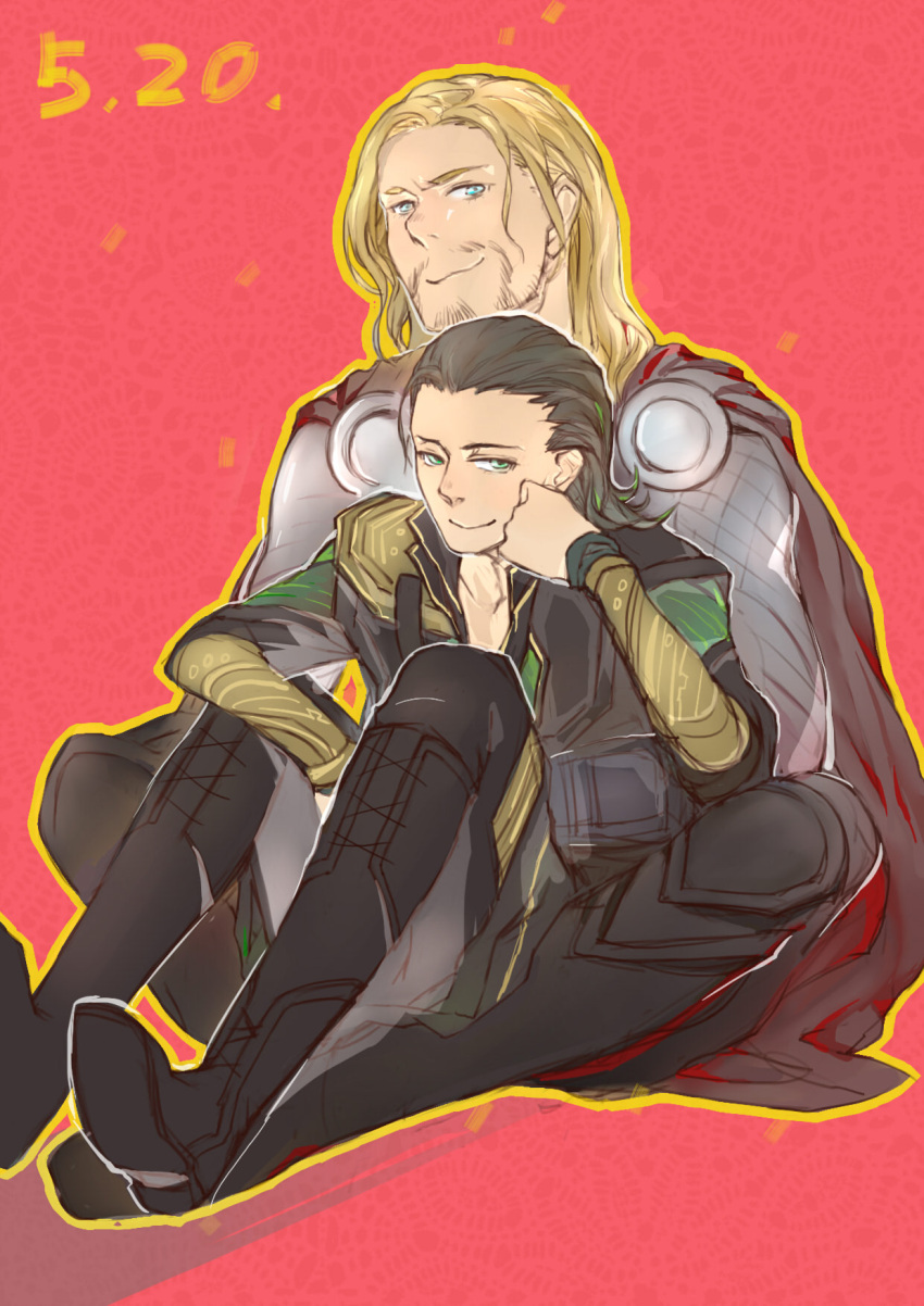 avengers, black_hair, blonde_hair, blue_eyes, boots, cape, facial_hair, green_eyes