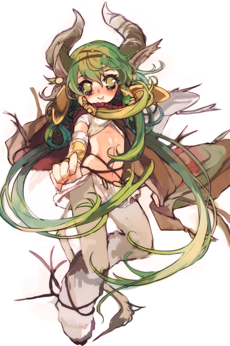 aht, earrings, green_eyes, green_hair, horns, jewelry, long_hair, monster_girl
