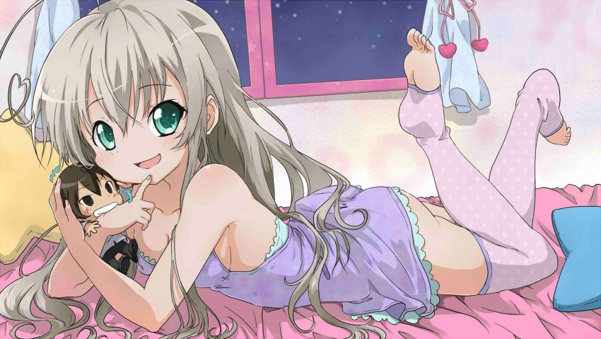 1girl, ahoge, ass, babydoll, bed, biting, blush, breasts