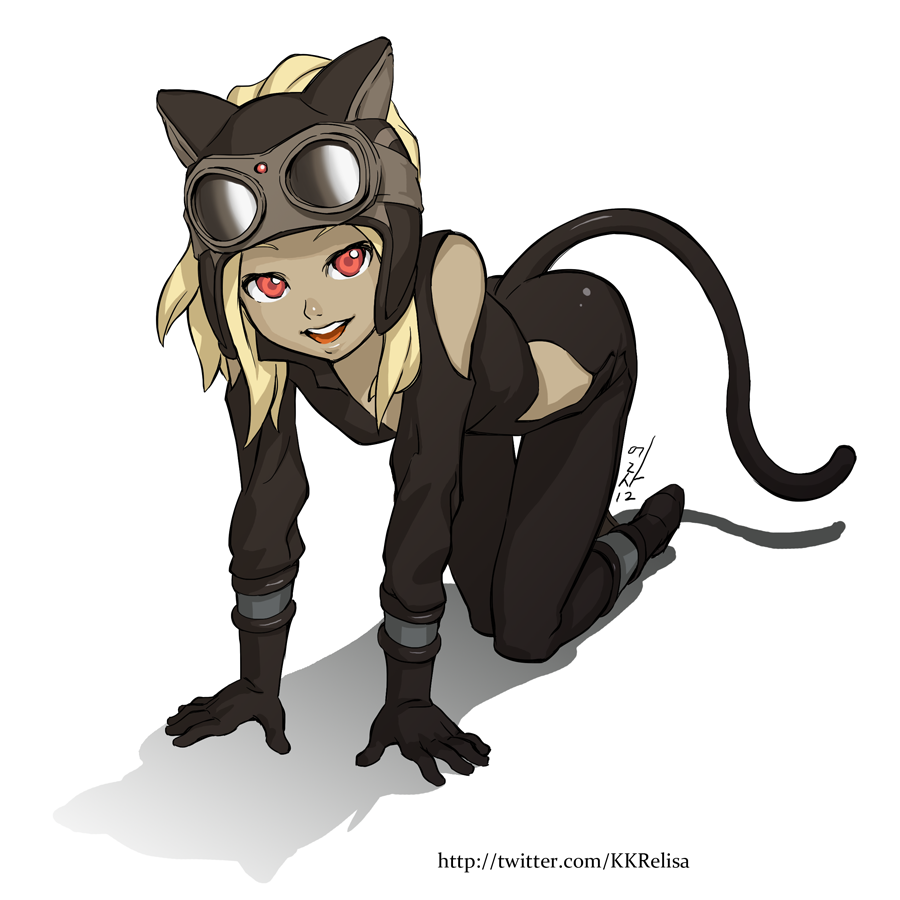 all_fours, alternate_costume, animal_ears, animal_helmet, bare_shoulders, blonde_hair, cat_ears, cat_tail