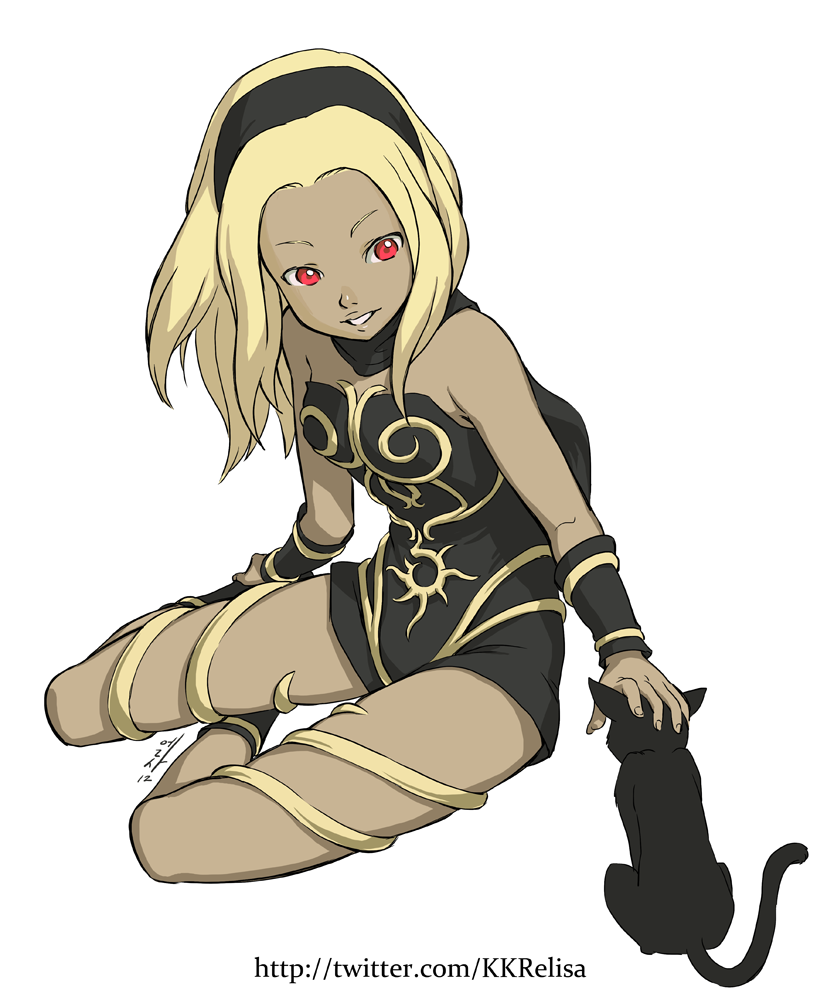 black_cat, blonde_hair, cat, dark_skin, dress, dusty_(gravity_daze), gravity_daze, kat_(gravity_daze)