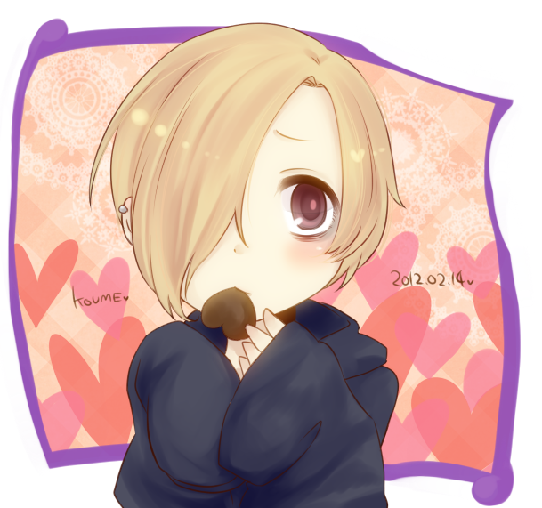 bags_under_eyes, blonde_hair, brown_eyes, candy, child, chocolate, earrings, eating, face, food, hair_over_one_eye, heart, hoodie, idolmaster, idolmaster_cinderella_girls, jewelry, oversized_clothes, shirasaka_koume, short_hair, simple_background, sleeves_past_wrists, solo, tmk_(tmk92), young