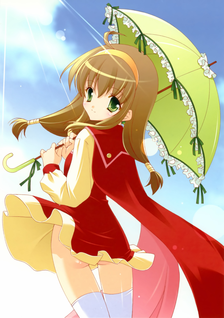 absurdres, ahoge, ass, blue_background, brown_hair, cloud, clouds, frills
