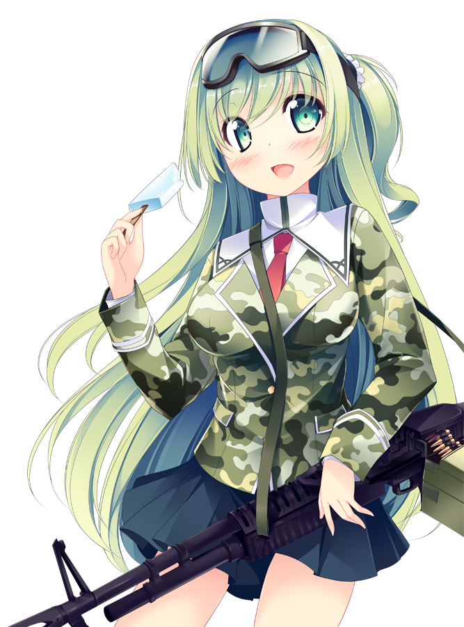 :d, blazer, blush, box_magazine, camouflage, elbow_gloves, food, gloves, goggles, goggles_on_head, green_eyes, green_hair, gun, heavy_machine_gun, holding, ice_cream, kazakura, long_hair, m60, machine_gun, necktie, open_mouth, original, popsicle, smile, solo, weapon