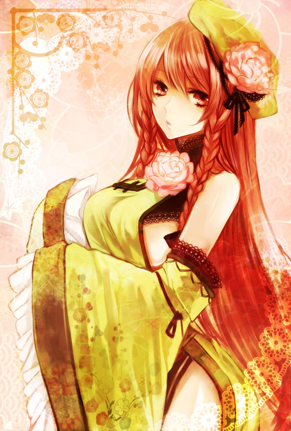 adapted_costume, apt, bad_id, bare_shoulders, braid, breasts, china_dress, chinese_clothes